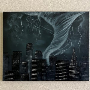 May include: A black and white painting of a city skyline with a large tornado in the background. The tornado is white and gray and is swirling around the city. The city is made up of tall buildings and is silhouetted against the dark sky.