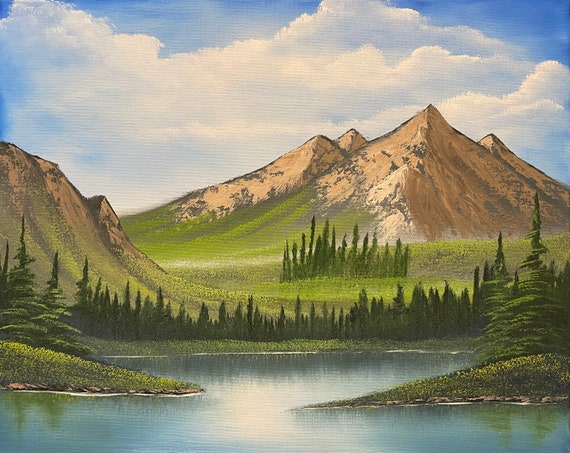 Bob Ross Style Mountain Valley Original Oil Painting on