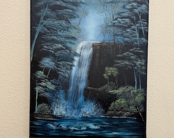 Original Waterfall Oil Painting 16x20, Forest Waterfall Landscape Art, Nature Wall Decor, Mountain Forest Painting, Cabin Lodge Wall Art