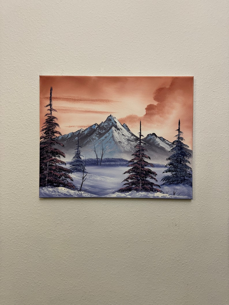 Bob Ross style landscape oil painting Mountain Rhapsody 16x20in image 10
