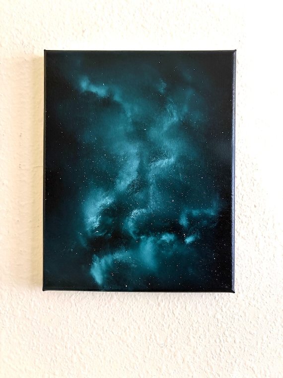 Teal Galaxy Oil Painting 8x10 – Original Cosmic Night Sky Artwork, Deep Space Nebula, Moody Celestial Wall Art