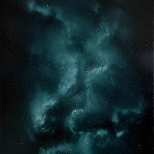 May include: An oil painting on canvas depicting a deep space scene with a dark black background and swirling teal and turquoise nebula clouds. The composition features scattered white specks representing distant stars across the dark expanse.
