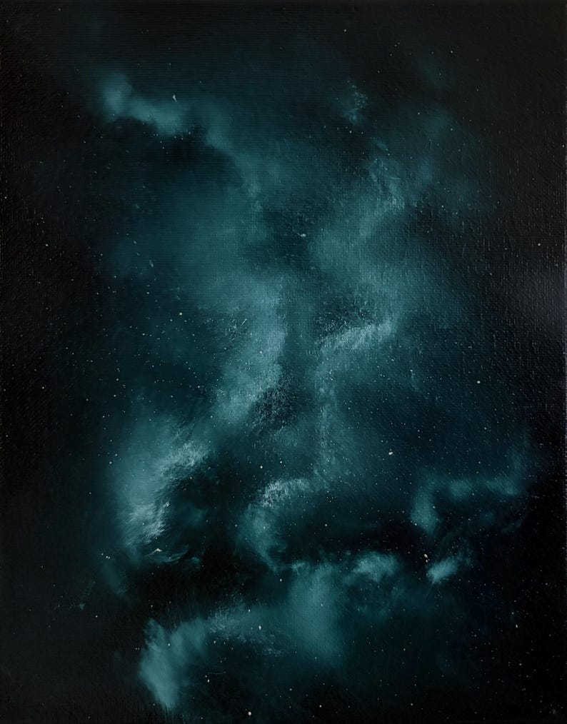 May include: An oil painting on canvas depicting a deep space scene with a dark black background and swirling teal and turquoise nebula clouds. The composition features scattered white specks representing distant stars across the dark expanse.
