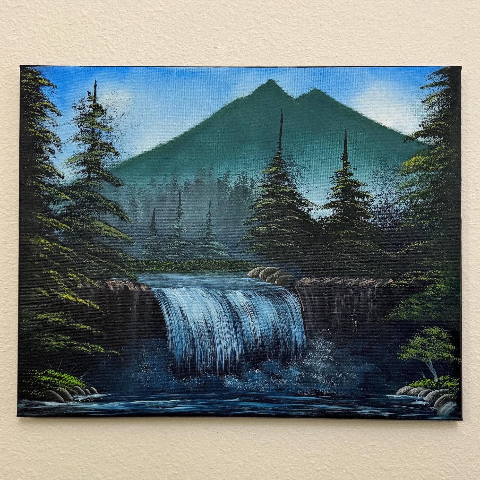 Bob Ross Style Acrylic Painting Landscape With Mountains and Water Acrylic  Paint Canvas Board Day and Night Masking Tape 
