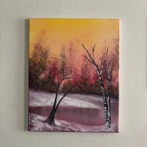 Snowfall Magic Autumn Fall Foliage Bob Ross style oil painting with Snow landscape art 16x20