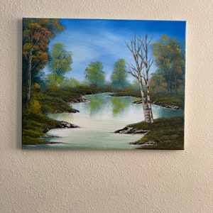 Bob Ross style oil on canvas Fall landscape painting on canvas “Lazy River” 16x20in