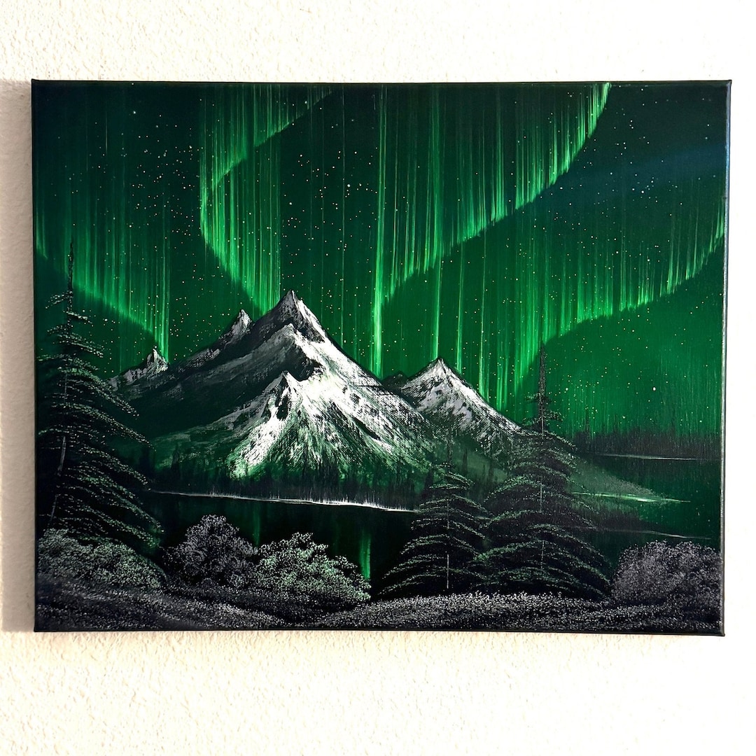 Green Northern Lights Mountain Landscape Oil Painting on Canvas