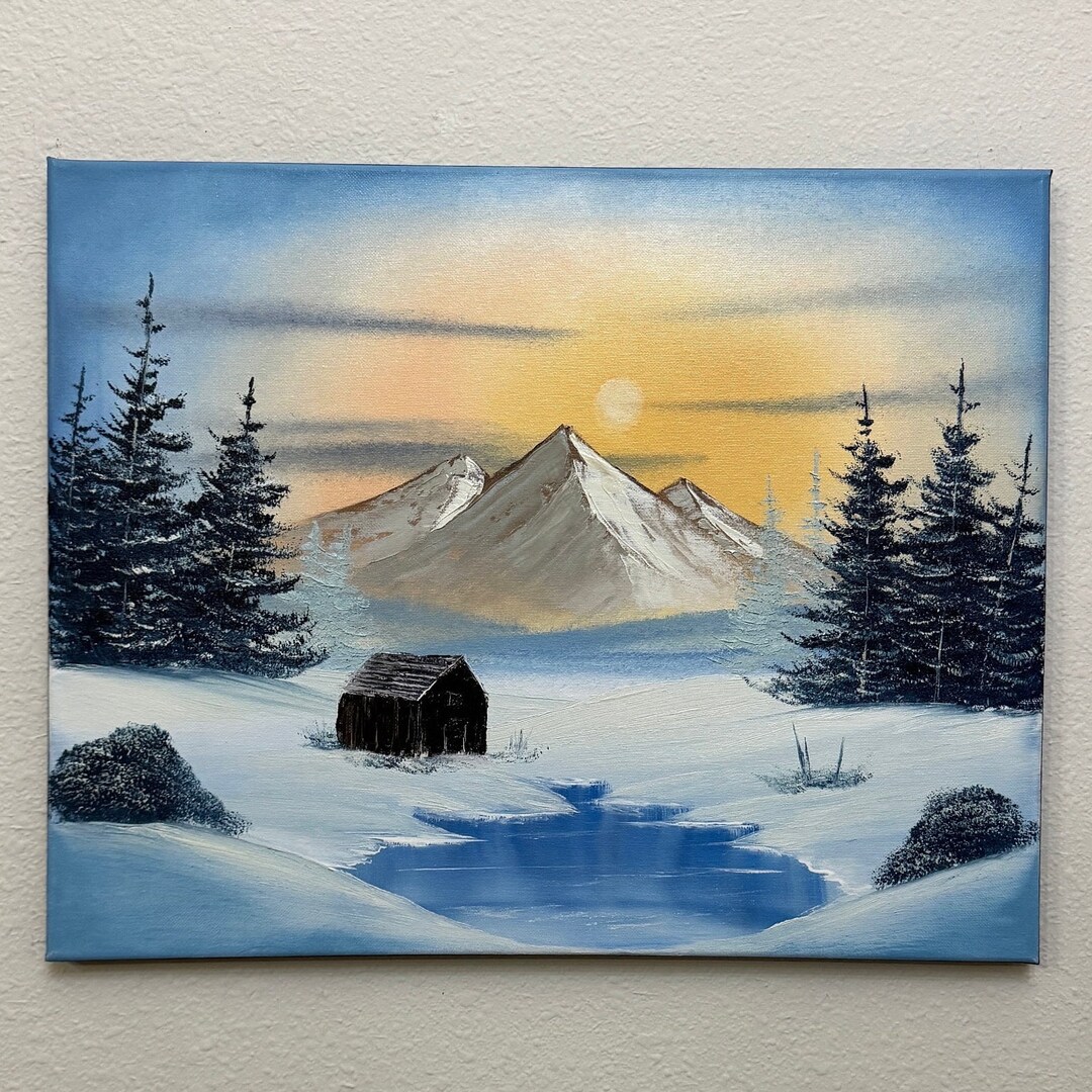 Winter Evergreens Original Oil Painting Bob Ross Style 16x20 Oil on
