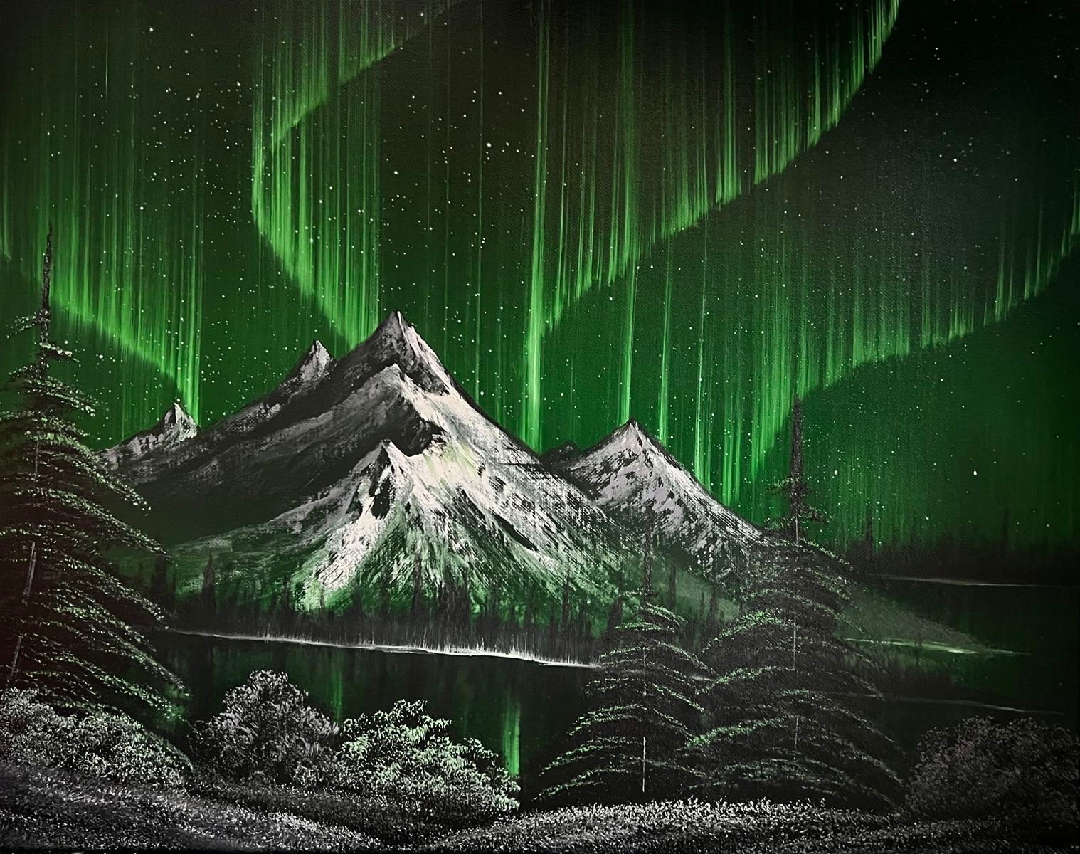 Green Northern Lights Mountain Landscape Oil Painting on Canvas