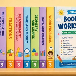 Op de afbeelding: Een verzameling van negen wiskunde-werkboeken voor groep 5 met kleurrijke ruggen, gelabeld met Numbers to 1,000, Addition and Subtraction, Multiplication and Division, Fractions, Measurement, Time and Money, Geometry and Shapes, Data and Graphs.