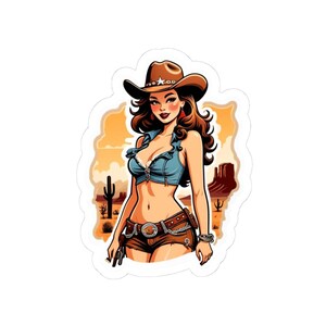 Adesivi fustellati a tema pin-up cowgirl, ragazza pin-up da saloon a tema selvaggio West, adesivi in vinile impermeabili per laptop, arte carina con scarabocchi da rodeo.