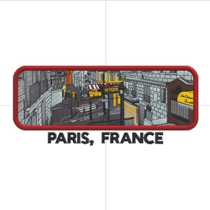 May include: Embroidered patch featuring a detailed illustration of a Parisian street scene with buildings, a metro sign, and the text "PARIS, FRANCE" in black letters. The patch has a red border.