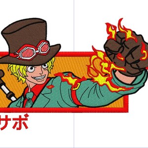 May include: Embroidered patch featuring a character with a brown top hat, goggles, and a green jacket. The character's fist is engulfed in flames. The Japanese word "Sabo" is written in red at the bottom.