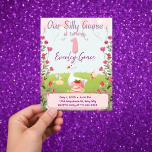 Nosso convite de 1º aniversário da Silly Goose editável para festa de menina pequena com ganso e balões