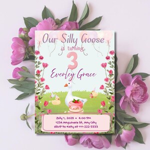 Nosso convite de 3º aniversário da Silly Goose editável para festa de menina pequena com ganso e balão