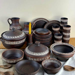 39-Piece Ukrainian Clay Dinnerware Set for 12 | Handmade Milk Fired Rustic Pottery | Skillet, Tureen | Traditional Tableware