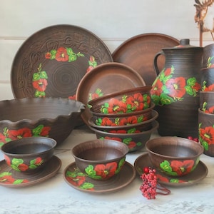 Handmade Ukrainian Clay Dinnerware Set | Rustic Milk-Fired Pottery Pitcher, Bowls & Plates | Eco Friendly Artisan Tableware Gift