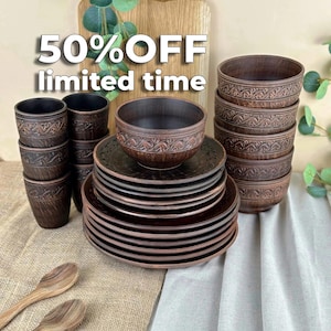 KLAAR VOOR VERZENDING | 24-delig servies voor 6 personen, Oekraïens etnisch patroon, 9e verjaardagscadeau aardewerk, snelle expresverzending, huwelijkscadeauset