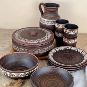 Ukrainian Clay Dinnerware Set for 4 | Rustic Handmade Milk Fired Pottery Table Set | Teapot, Plates & Fruit Bowl