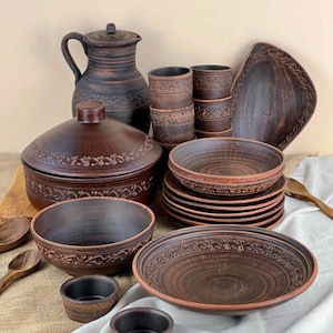 Ukrainian Clay Dinnerware Set for 6 | Rustic Handmade Ceramic Tableware | Milk Fired Skillet & Jug | Eco Friendly Home Gift