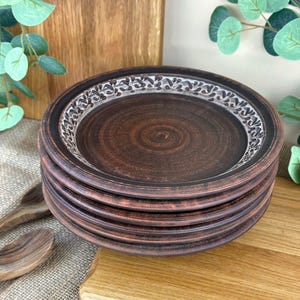 Set of 6 Hand-Painted Engobe Clay Dinner Plates 24cm | Unglazed Earthenware Tableware | Traditional Ukrainian Folk Art | Rustic Dining Set