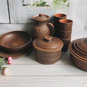 Rodynnyy Ukrainian Clay Dinnerware Set for 6 | 22 Handmade Milk-Fired Pottery Pieces | Eco Rustic Kitchen Gift