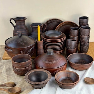 Large Ukrainian Kolosok Dinnerware Set for 12 | Handmade Milk Fired Pottery | Rustic Tableware with Skillet & Tureen | Traditional Home Gift