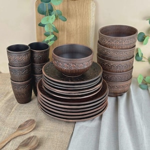 Handmade Decorative Clay Dinnerware Set for 6 | Rustic Ukrainian Earthenware Plates, Bowls & Glasses | Complete Serving Set