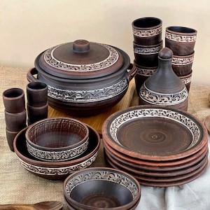 Clay BBQ Dinnerware Set for 6 | Ukrainian Handmade Milk Fired Pottery | Grill Plates, Wine Bottle & Cups | Rustic Ethnic Gift