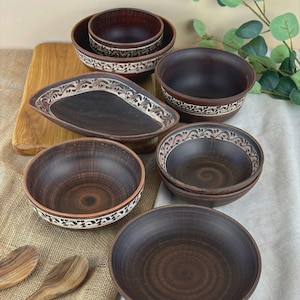 Unglazed Engobe Clay Serving Set | Handmade Ukrainian Earthenware Platter, Bowls & Salad Bowls Kit