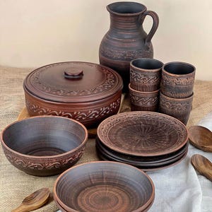Ukrainian Soup Set for 6 with Bonus Gift | Handmade Red Clay Pottery | Rustic Dinnerware & Tureen | Traditional Milk Fired Tableware