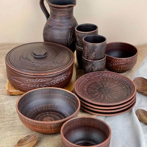 Ukrainian Clay Dinnerware Set for 4 | Rustic “Kolosok” Collection | Handmade Milk Fired Ceramic Tableware