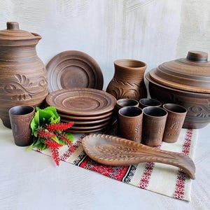Traditional Ukrainian Clay Dinnerware Set | 16 Handmade Milk-Fired Pieces | Rustic Kitchen Gift | Eco Pottery
