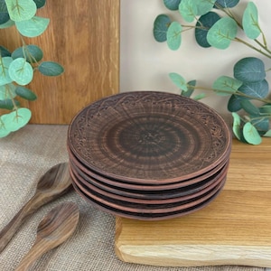 Set of 6 Traditional Clay Plates 21cm | Handcrafted Unglazed Earthenware | Ukrainian Folk Decor | Rustic Versatile Dining Set