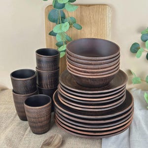 Handmade Smooth Clay Dinnerware Set for 6 | Minimalist Ukrainian Earthenware Plates, Bowls & Glasses | Rustic Serving Set