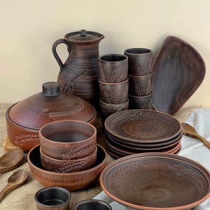 Ukrainian Clay Dinnerware Set for 6 | "Kolosok" Handmade Rustic Tableware | Milk Fired Ceramic with Skillet | Eco Friendly Kitchenware