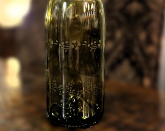 Upcycled Wine Bottle Wall Vase | Hand-Worked Floral Etched Green Glass