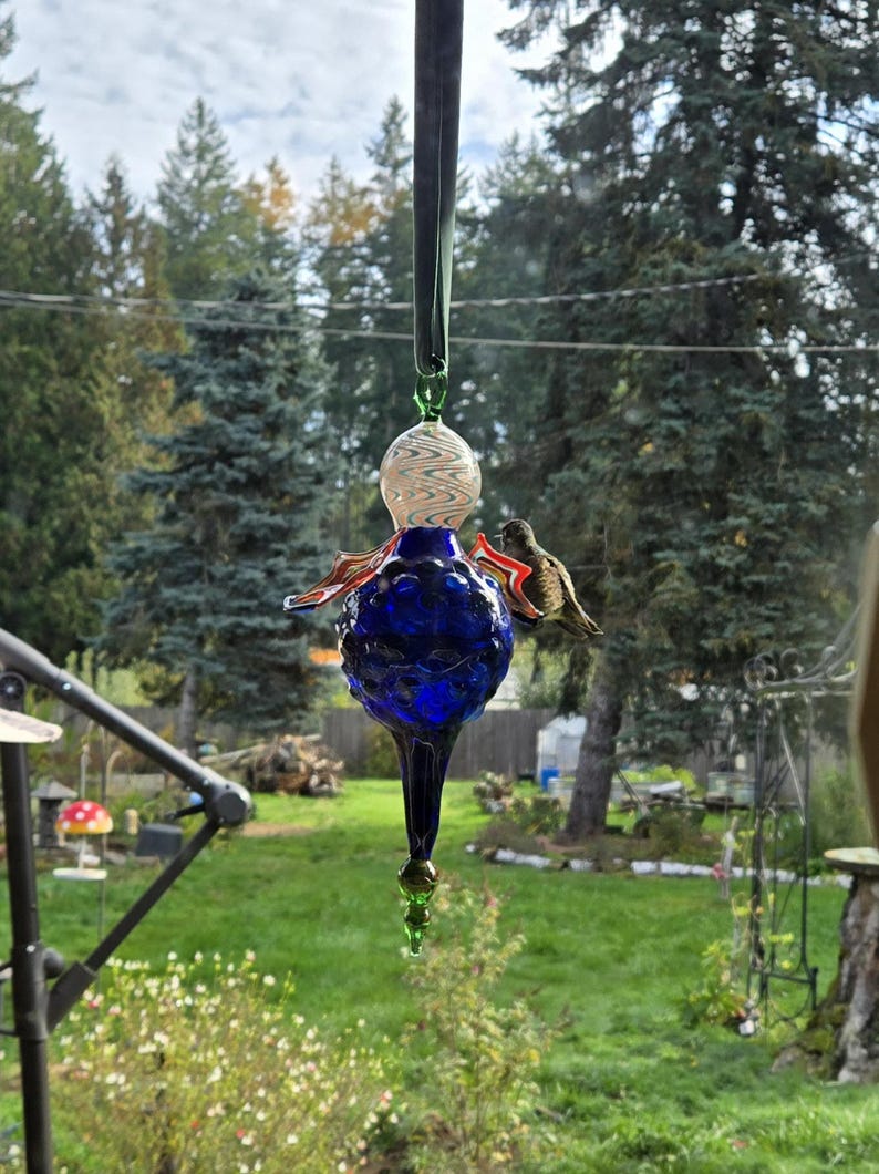 May include: A handcrafted glass hummingbird feeder with a blue, bulbous body and a long, pointed bottom. The feeder has red and orange wings and a white and clear patterned top. A hummingbird is perched on the feeder.
