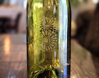 Upcycled Green Glass Wall Vase, Hand Flame Worked, Etched Floral Home Decor