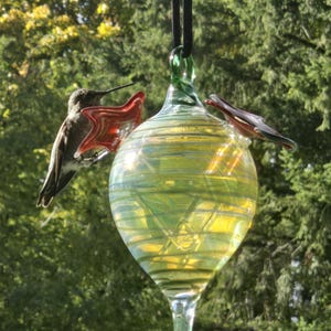 May include: A glass hummingbird feeder with a teardrop shape, featuring a green and yellow iridescent finish. The feeder has red star-shaped perches and is suspended by a black cord. A hummingbird is perched on the feeder.