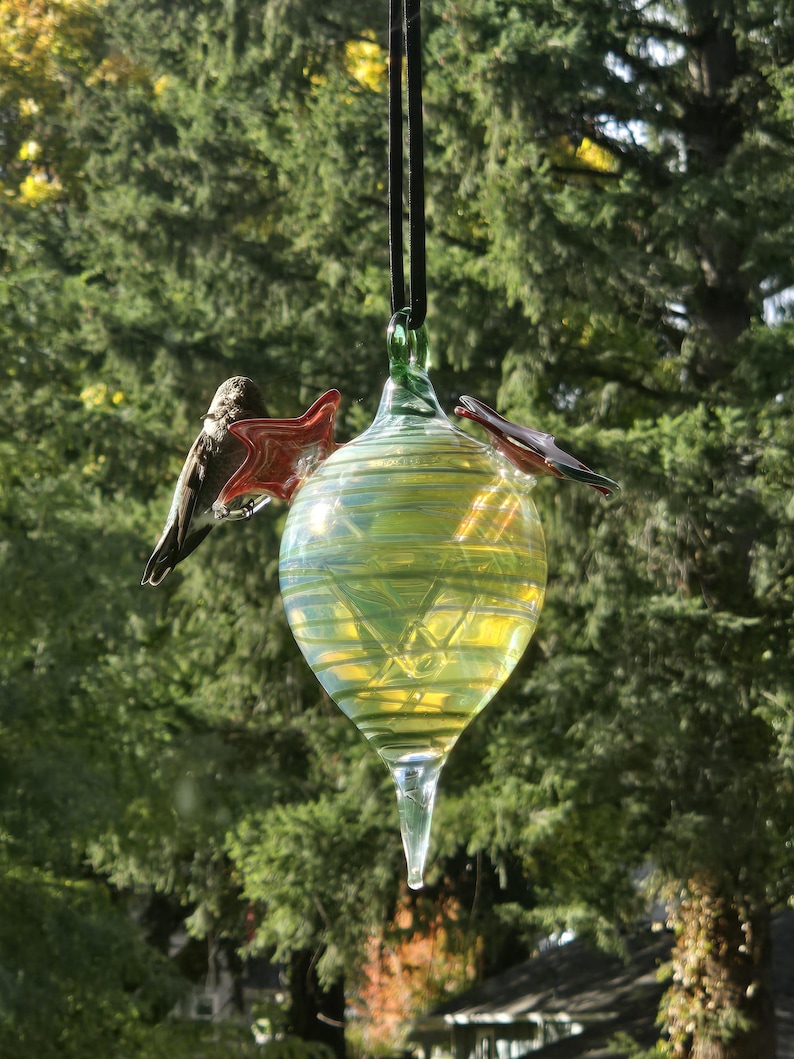 May include: A hanging glass hummingbird feeder with a teardrop shape, featuring a green and yellow iridescent finish. Two red glass hummingbird perches are attached. The feeder hangs from a black cord against a backdrop of green trees.