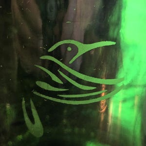 May include: A close-up of a green glass surface with a stylized hummingbird design etched into it. The hummingbird is depicted in a simple, elegant style, with flowing lines representing its wings and body. The background is a dark green.