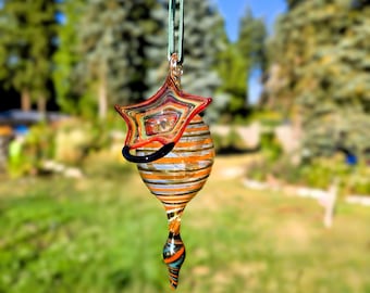 Hand Blown Glass Hummingbird Feeder, Orange Gold Art, Silver Fume Nectar Vessel