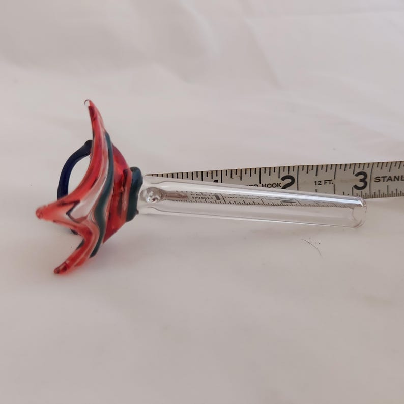 May include: A clear glass pipe with a colorful, abstract design in red, green, and blue. The pipe is approximately 3 inches long. A blue ring connects the colorful design to the clear glass tube.