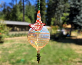 Hand Blown Glass Hummingbird Feeder, Borosilicate Garden Art, Orange Silver Fumed Nectar Vessel