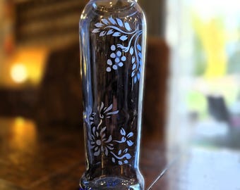 Upcycled Blue Glass Pitcher Vase | Hand-Etched Floral Design