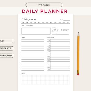 Planificador diario imprimible / 3 prioridades principales, horario por horas, tareas, registro de agua, ejercicio y notas / Minimalista tamaño carta A5/A4 PDF