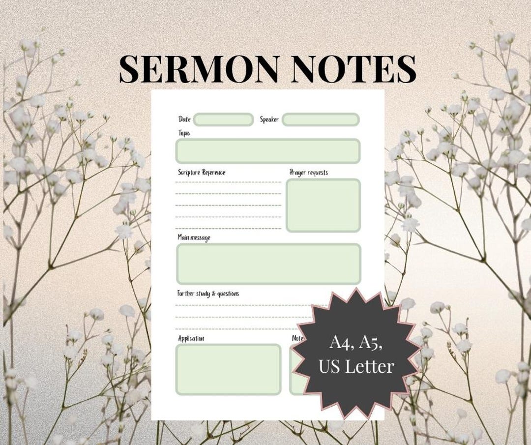 Sermon Notes Printable Green | Bible Study and Church Note Page | A4 ...
