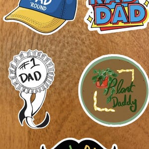 Pegatinas para el Día del Padre, regalos sencillos de último minuto: paquete de 5 pegatinas impermeables de vinilo dibujadas a mano para los mejores papás, papás de plantas y papás geniales.
