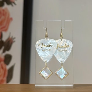 Fender Guitar Pick Earrings, Pearl White Guitar Pick Earrings with Real Clear Abalone Charm, Music Gift, Musician Jewelry